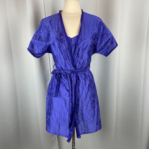 Vintage Lingerie Set Size Medium Purple Satin Robe Slip Nightgown Peignoir 80s - Picture 4 of 16